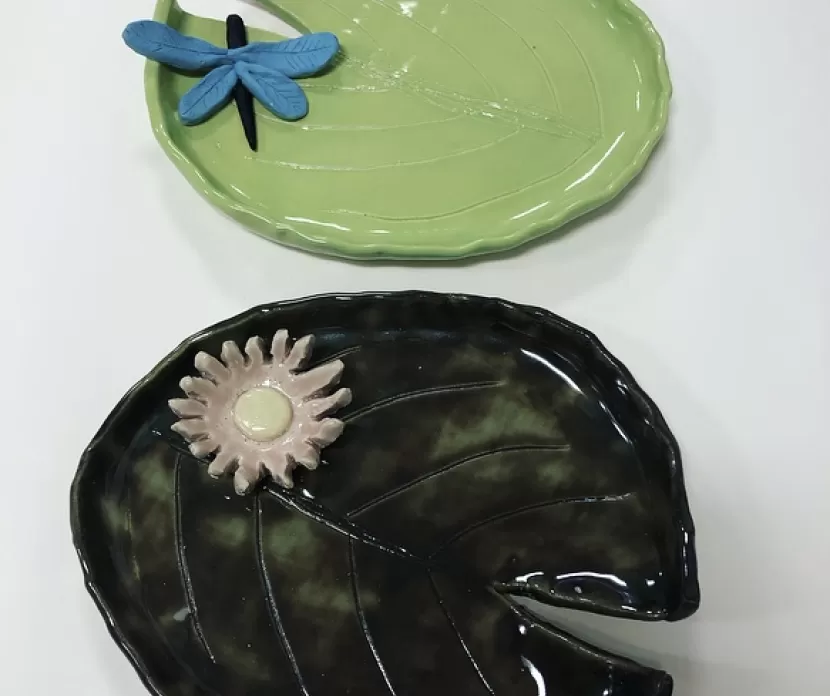 Two ceramic plates featuring a dragonfly and a leaf design