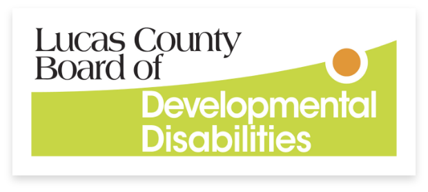 Logo for the Lucas County Board of Developmental Disabilities featuring black text on a light gray background with a green curved banner and an orange circle accent. The words "Developmental Disabilities" appear in white within the green shape.