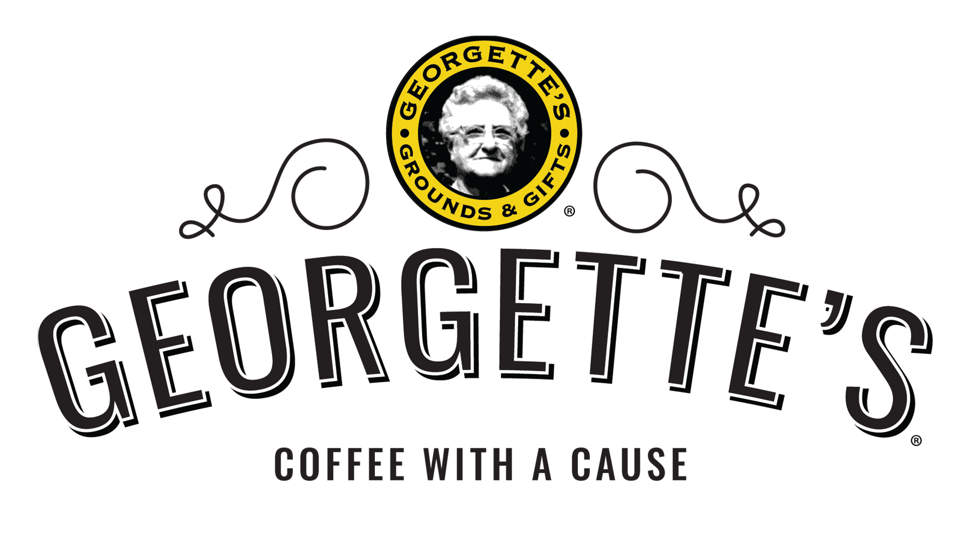 : Vintage black-and-white photo of an elderly woman (Georgette) smiling, framed in a circular yellow border with the Georgette’s Coffee logo featuring a cosmic/starry motif.