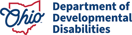 Logo for the Ohio Department of Developmental Disabilities featuring the outline of the state of Ohio in red, a stylized blue script reading "Ohio," and the department name in blue text on a white background.