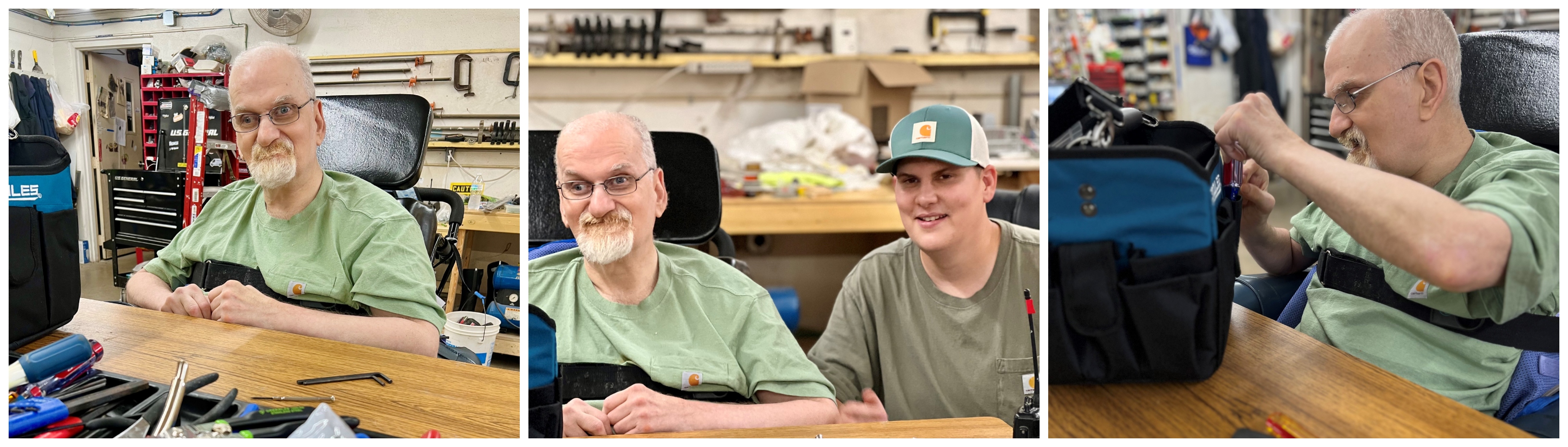 "A series of three photos showing Jeff in a workshop. In the first image, he sits at a table in front of a tool kit, smiling softly. The second image captures a moment with Jeff and Chase, both wearing green shirts and smiling as they enjoy their time together in the workshop. The third image shows Jeff focused on organizing tools, deeply engaged in the task."