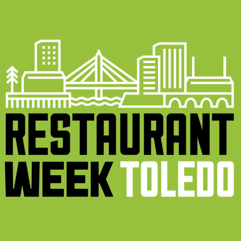 Restaurant Week Toledo logo on green background with white city skyline graphic and bold black and white text.