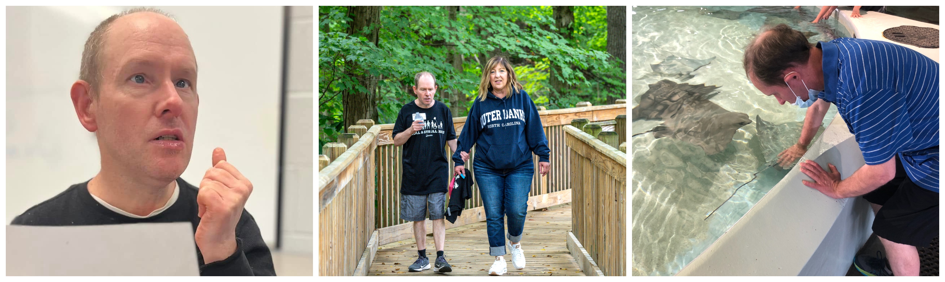 "A triptych of three photographs featuring a man engaged in different activities. In the first image, a close-up captures him attentively looking at something off-camera while holding a piece of paper, dressed in a black sweater. The second image shows him walking on a wooden boardwalk in a lush green forest, wearing a black t-shirt and shorts, accompanied by a woman in a navy blue hoodie and jeans. The third image captures him leaning over a touch pool, wearing a striped blue polo shirt and a face mask pulled down, as he reaches out to interact with stingrays in the water."