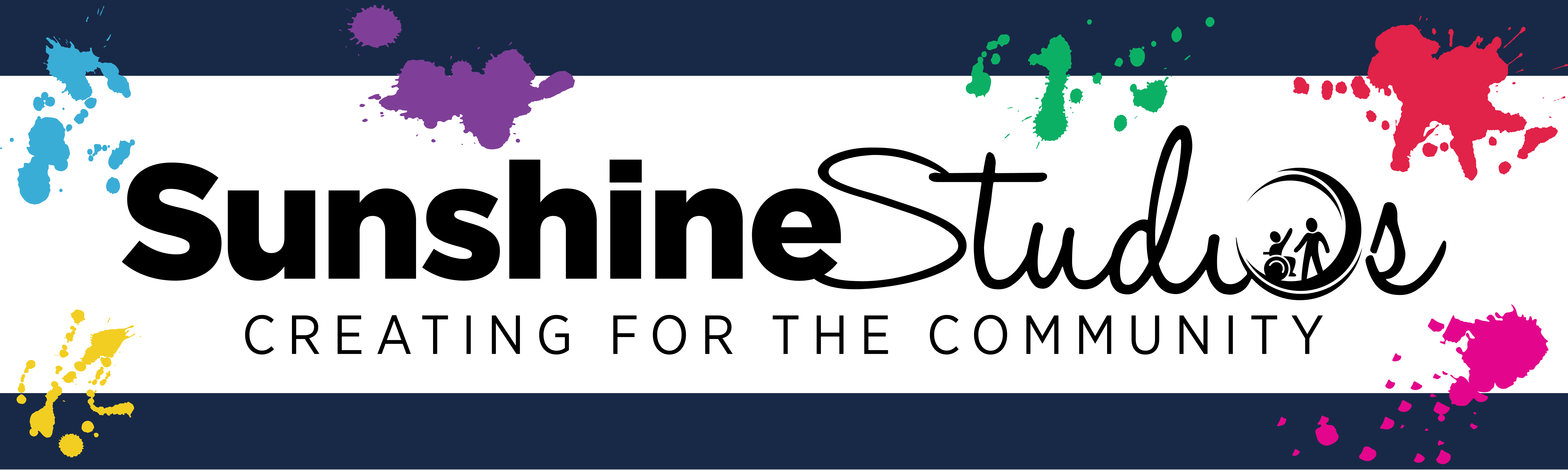 Sunshine Studios — “Creating for the Community” tagline shown with colorful ceramic art platters on a navy-blue background.