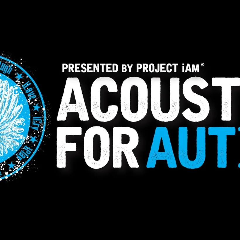 Blue and white “Acoustics for Autism” event graphic featuring a winged acoustic guitar inside a circular emblem with words like “Play,” “Laugh,” and “Love,” presented by Project iAm.