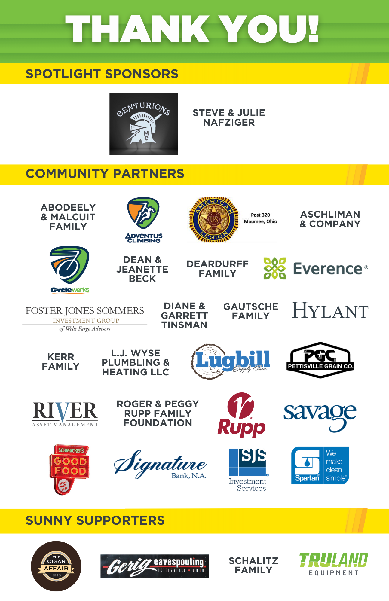 "Thank You graphic featuring logos and names of sponsors for Sunshine Communities' 75th Anniversary Concert. Categories include Spotlight Sponsors, Community Partners, and Sunny Supporters, with logos such as Centurions Motorcycle Club, Everence, CycleWerks, Rupp Seeds, and The Cigar Affair. The image has a green and yellow outline with sponsor names and logos displayed in sections."