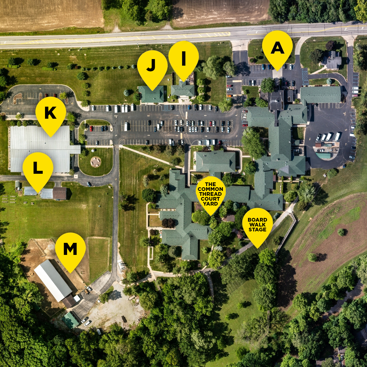 Map of the Sunshine Communities campus showing building locations with labeled structures and a key identifying each facility on the grounds.