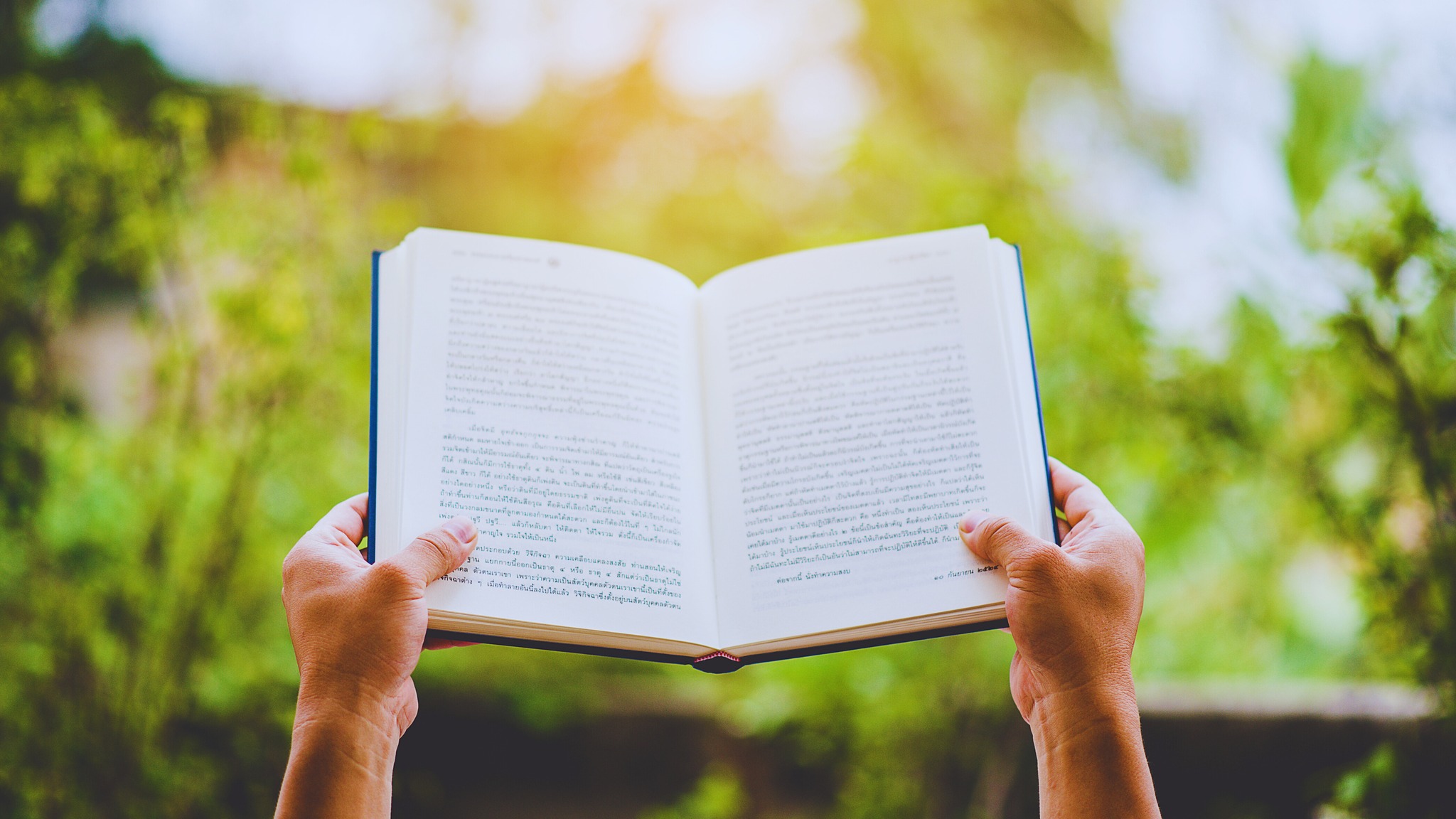 Alt text: A person holds an open book with both hands against a lush, green outdoor background. The pages are filled with small, dense text, and sunlight filters through the trees, creating a warm, peaceful atmosphere.