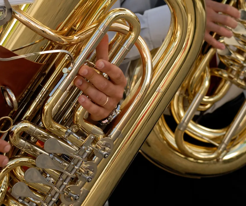 Close-up of musicians playing large brass instruments, with hands on valves and polished gold tubas reflecting light during a live band performance.