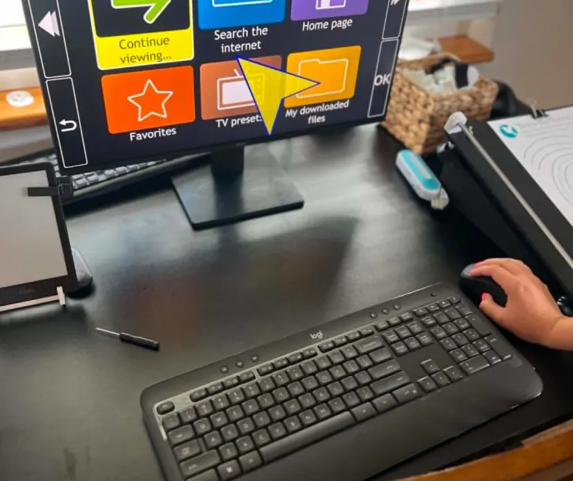 ndividual using an accessible computer workstation with adaptive technology and a simplified visual navigation interface to support independent communication and internet access.