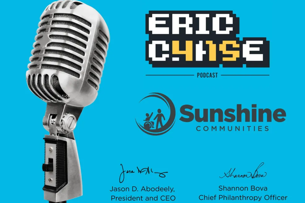 Promotional graphic featuring a retro microphone alongside the Eric Chase Podcast and Sunshine Communities logos, highlighting a discussion with Jason Abodeely and Shannon Bova about storytelling, media visibility, and community impact.